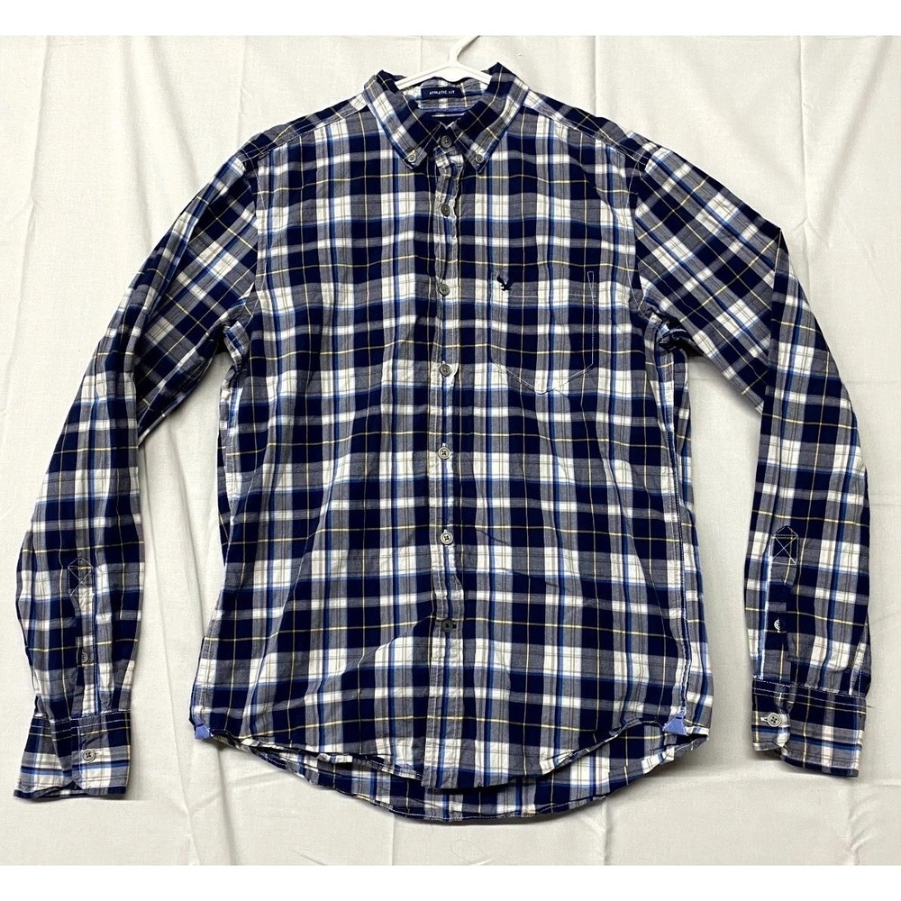 American Eagle Outfitters Shirt Mens S Blue White Plaid Athletic Fit Button Down